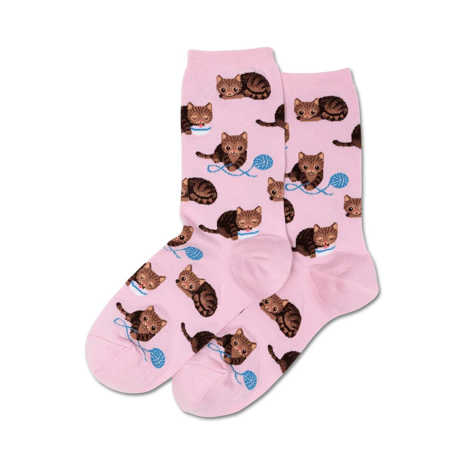 Pink crew socks with a repeating pattern of brown cats and yarn; shown as a pair.