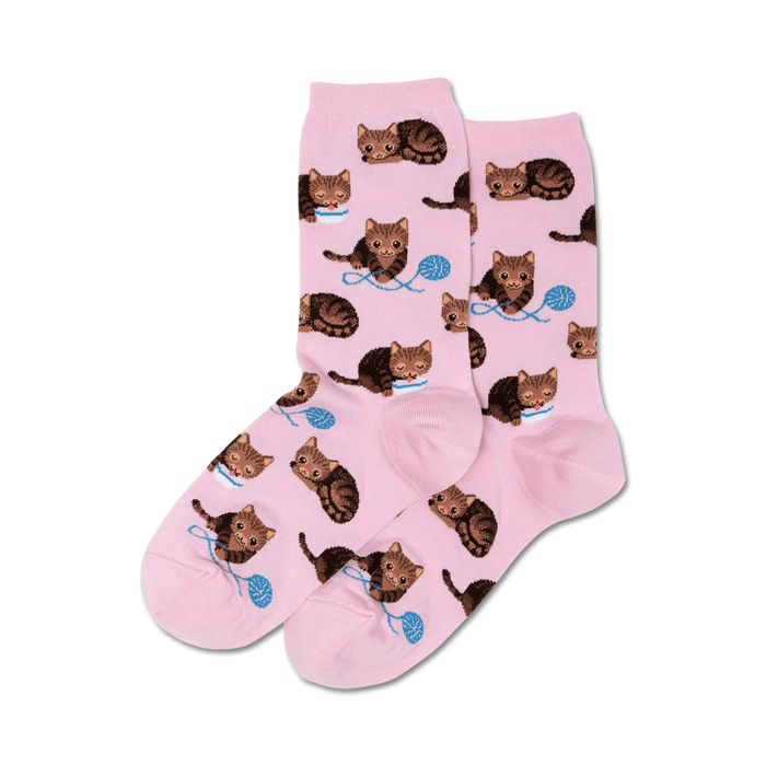 cat and yarn socks: pink socks with brown tabby cats in different poses. crew length for women. cat theme.  