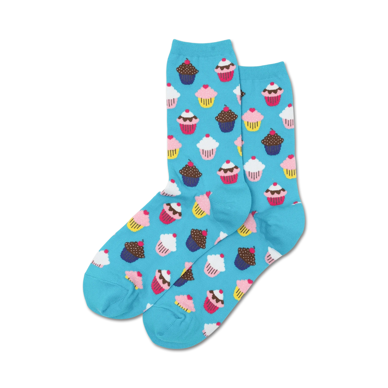 Pair of crew socks in teal blue with a repeating pattern of colorful cupcakes. 