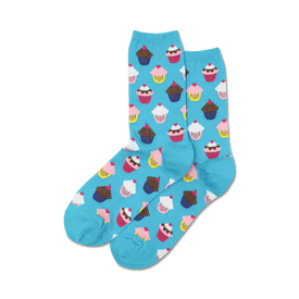 women's blue crew socks with a repeating pattern of pink, blue yellow, and brown cupcakes with frosting, a cherry or sprinkles on top.   