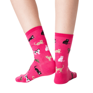 A pair of pink knee-high socks with a pattern of black, white, and orange cats.