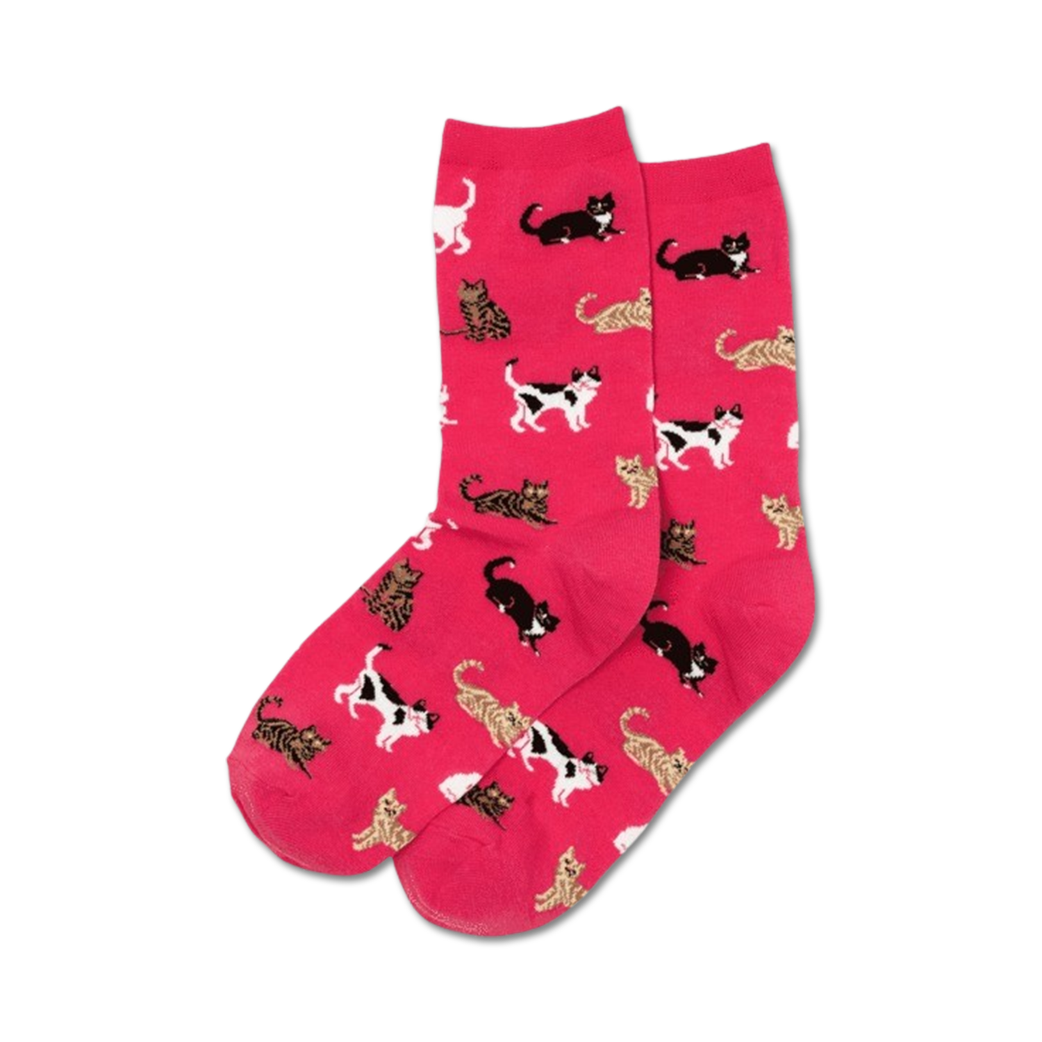 Pair of women's crew socks in hot pink with a pattern of various cats in black, brown, and white.