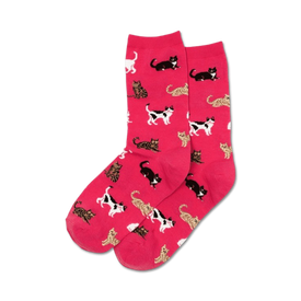 pink crew length women's socks with pattern of black, white, brown, and orange cats.  