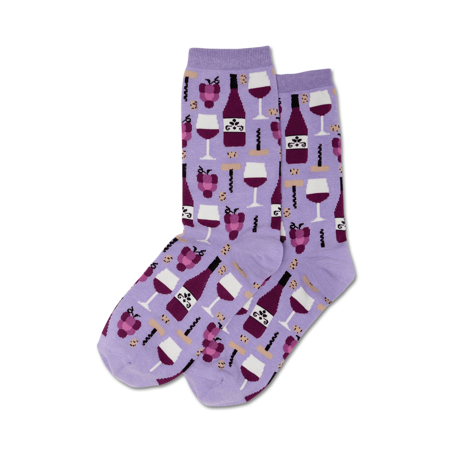 Pair of crew socks in purple, teal, or black with a repeating pattern of wine bottles, glasses, grapes, and corkscrews.