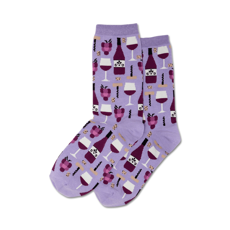 Pair of crew socks in purple, teal, or black with a repeating pattern of wine bottles, glasses, grapes, and corkscrews.