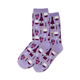 purple crew socks for women featuring a whimsical pattern of wine bottles, corkscrews, grapes, and wine glasses.  