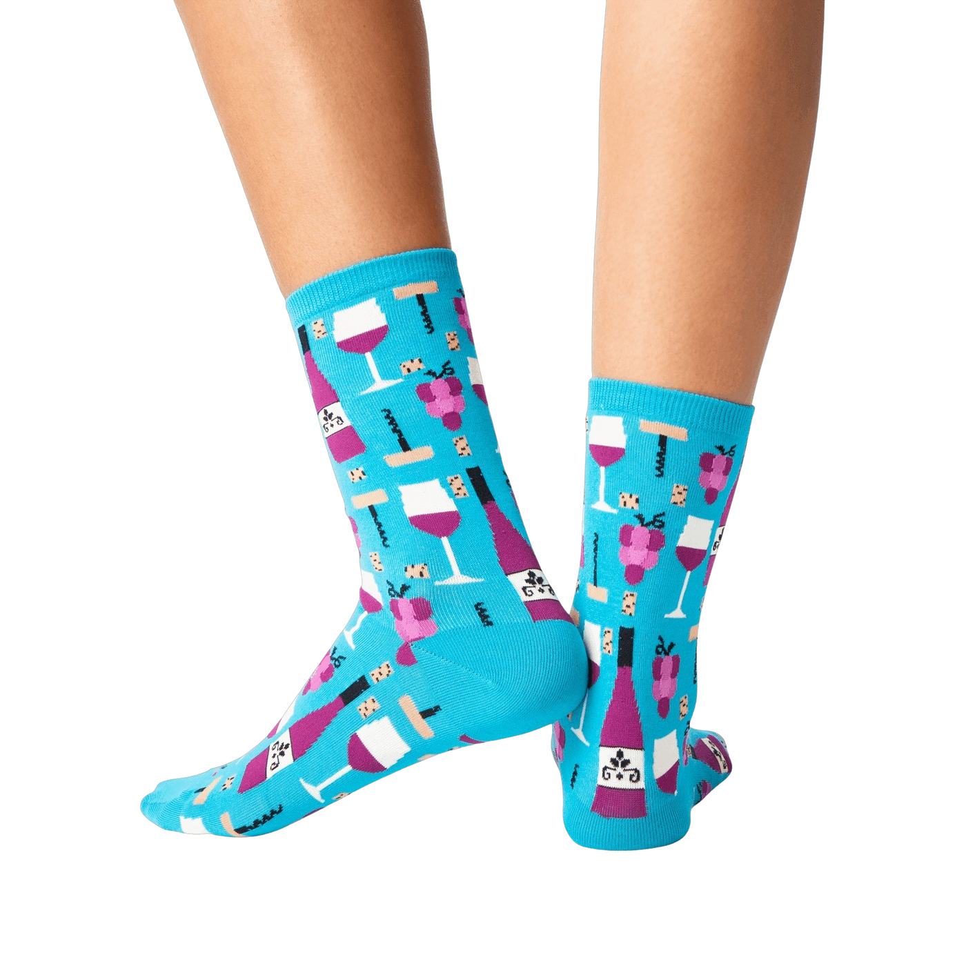 Back view of the teal wine socks on a person's legs.