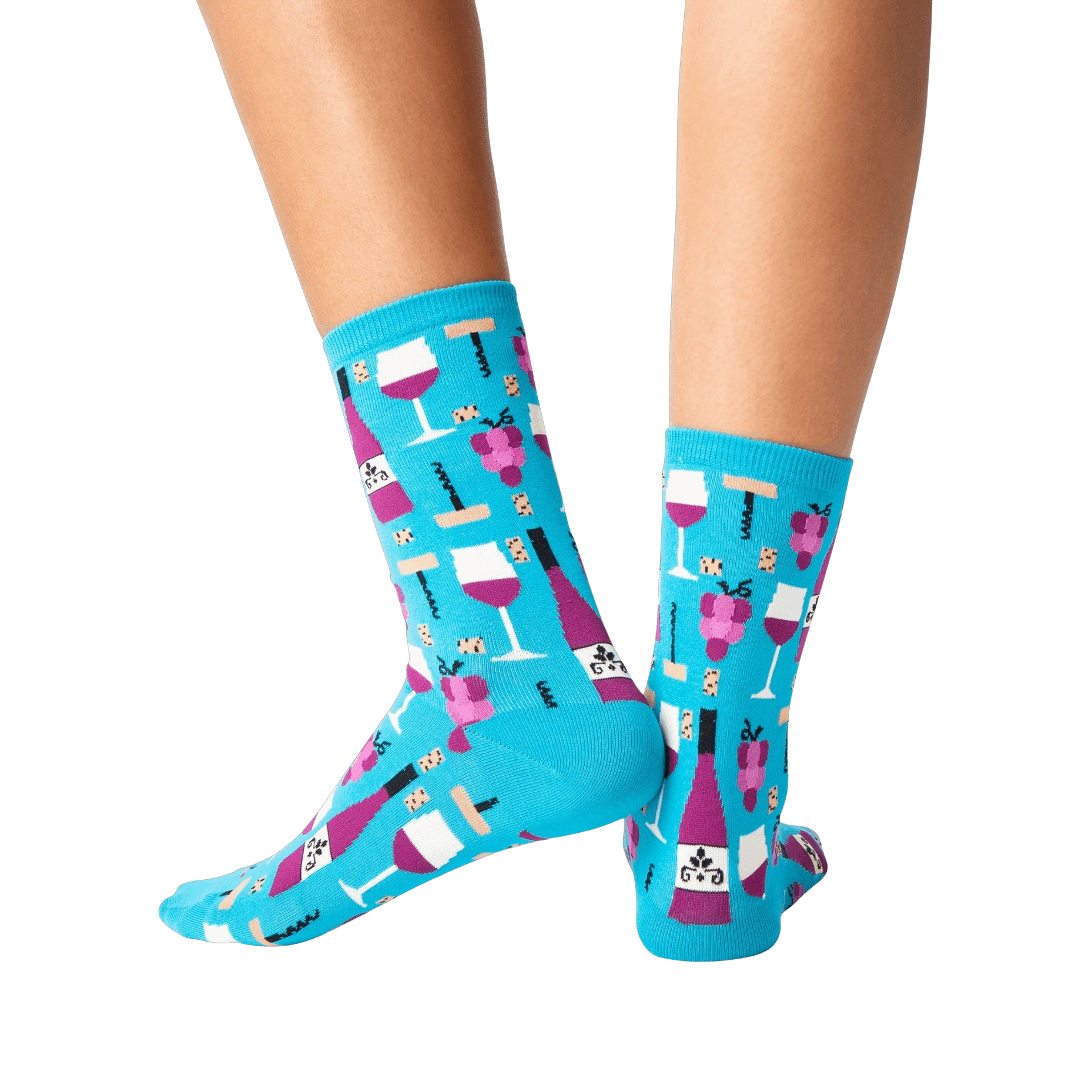 Back view of the teal wine socks on a person's legs.