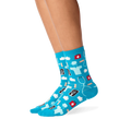 Lifestyle shot: A person's legs wearing the teal medical socks.  Shows the socks on feet and how they look when worn.