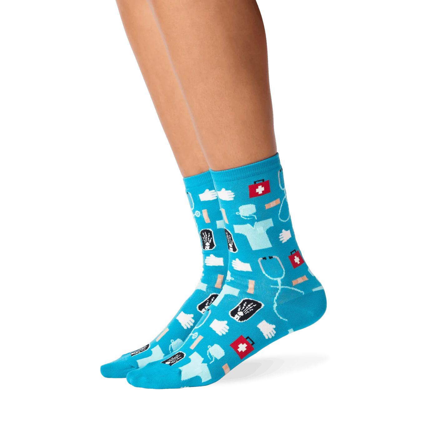 Lifestyle shot: A person's legs wearing the teal medical socks.  Shows the socks on feet and how they look when worn.
