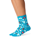 Lifestyle shot: A person's legs wearing the teal medical socks.  Shows the socks on feet and how they look when worn.