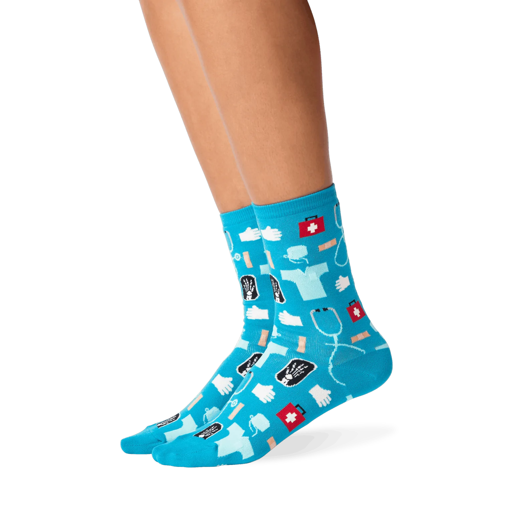 Lifestyle shot: A person's legs wearing the teal medical socks.  Shows the socks on feet and how they look when worn.