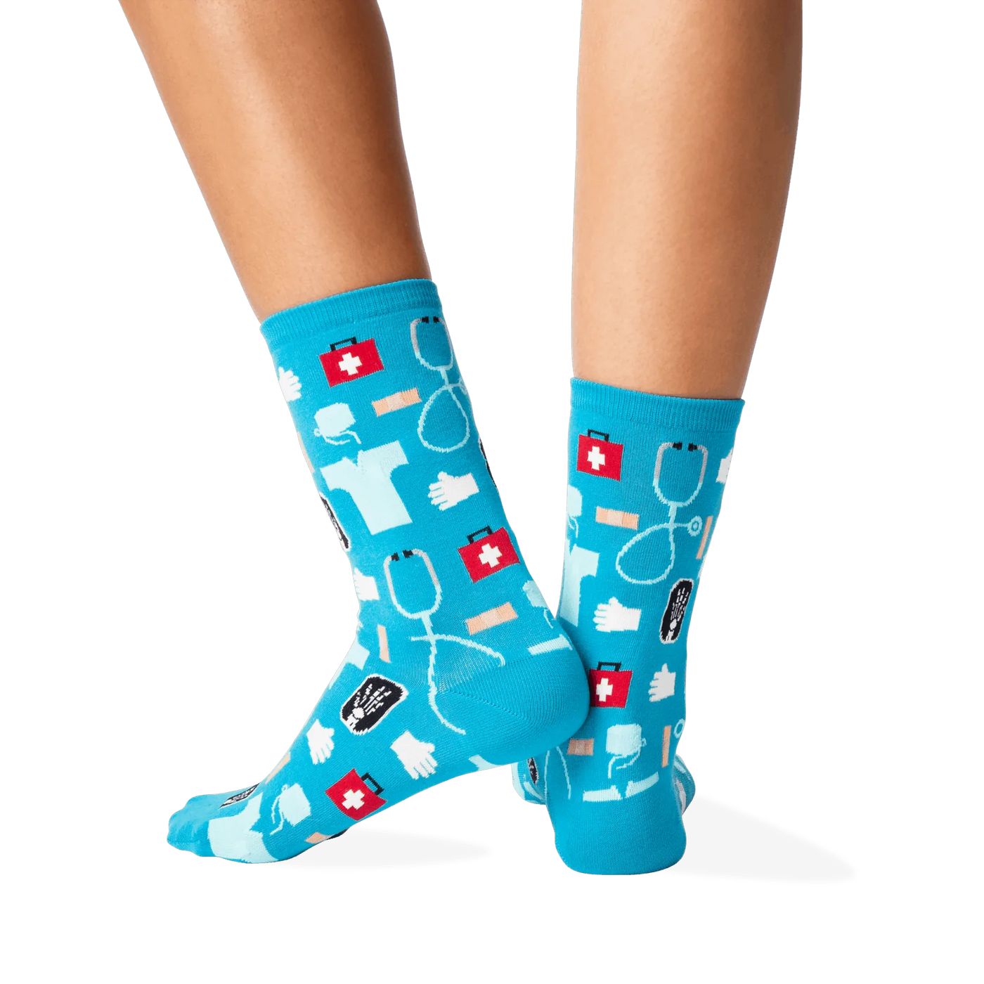 Back view of the teal medical socks on a person's legs. The socks are shown from the back, highlighting the pattern's wrap-around design.