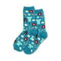 Pair of teal crew socks with a pattern of medical icons. Same design as the black socks, but on a teal background.
