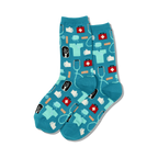 Pair of teal crew socks with a pattern of medical icons. Same design as the black socks, but on a teal background.