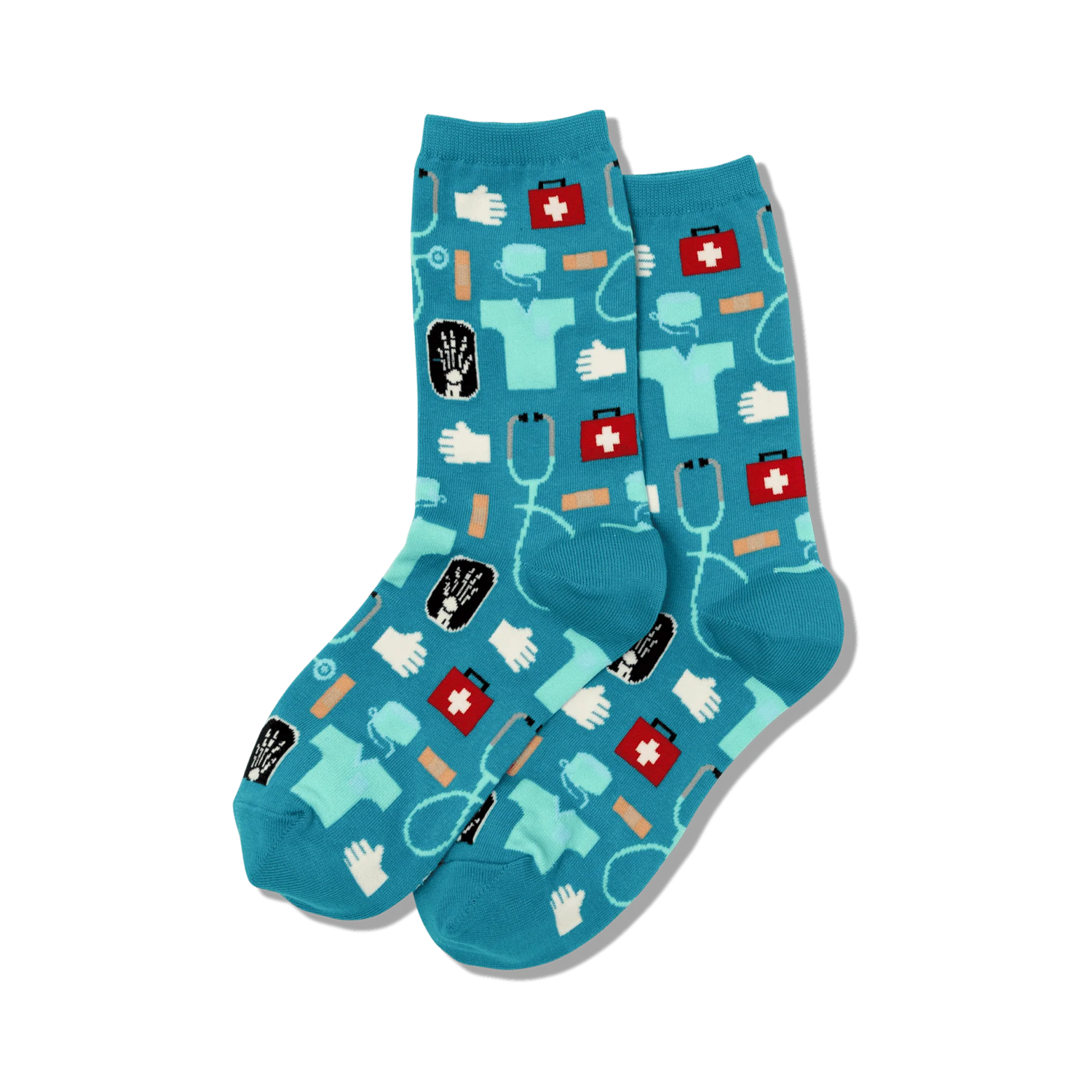 Pair of teal crew socks with a pattern of medical icons. Same design as the black socks, but on a teal background.