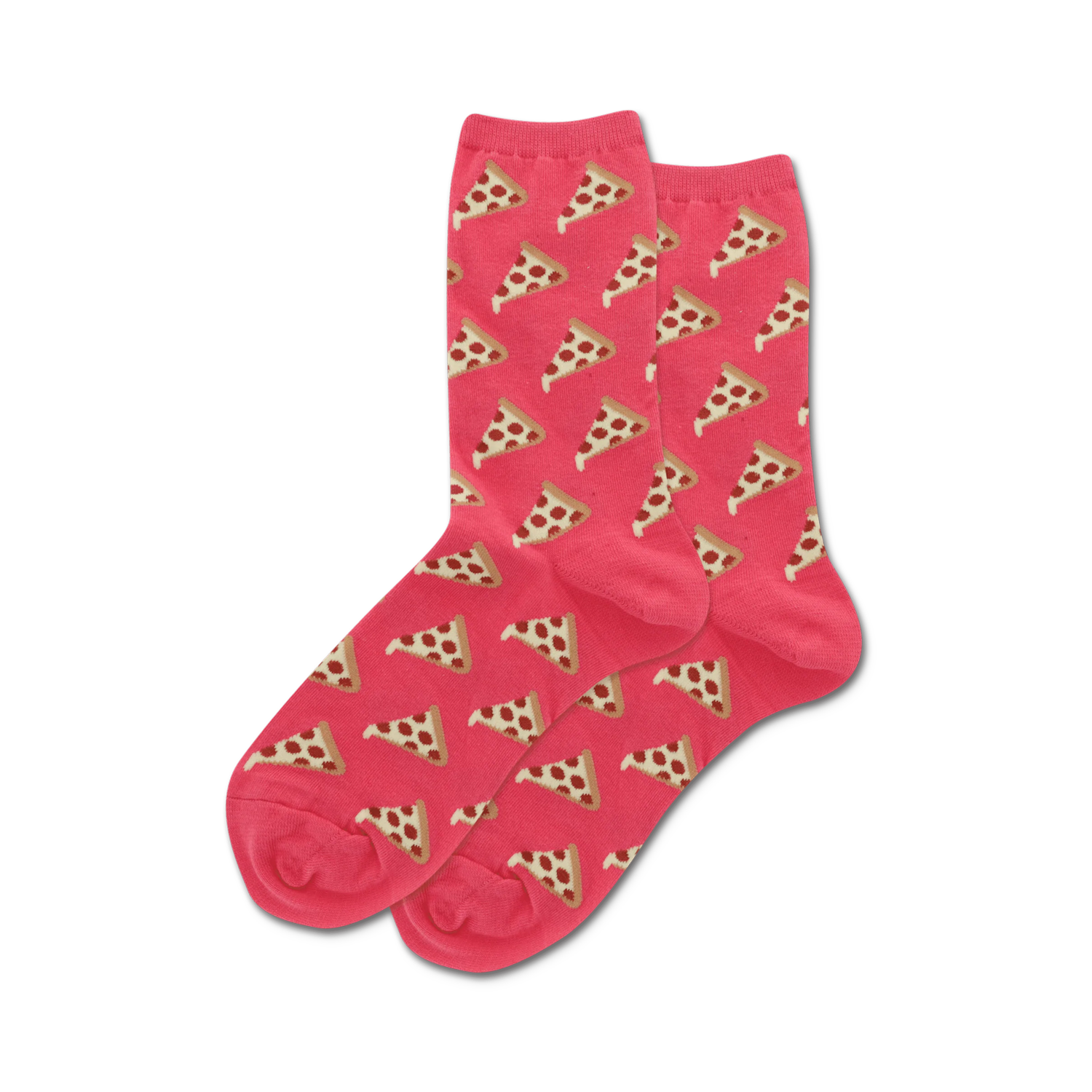 Lifestyle product shot of pink pizza socks worn on feet.