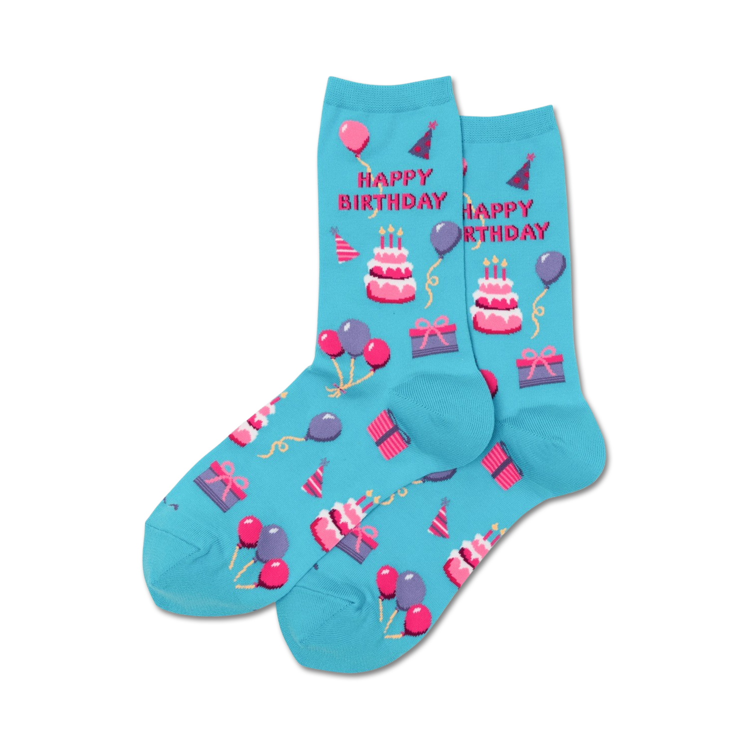 Pair of light blue crew socks with a 'Happy Birthday' design. Features pink and white pixelated cakes, balloons, and presents.