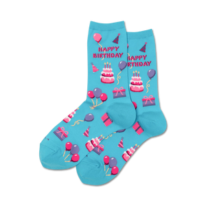 womens blue happy birthday crew socks feature pastel pink/purple balloons, yellow/pink party hats, green/pink presents, and pink/white/yellow birthday cakes.  
