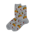 Pair of grey crew socks with a fun pattern of tacos and red chili peppers.