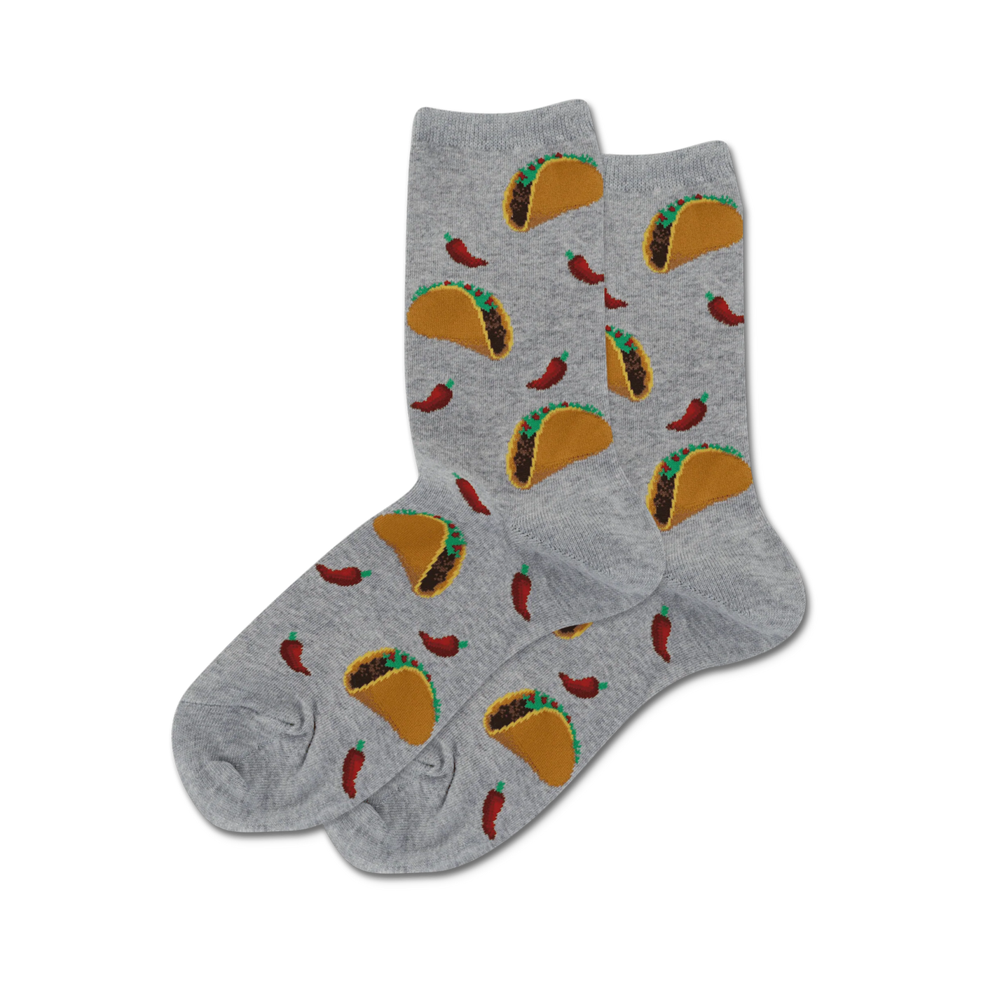Pair of grey crew socks with a fun pattern of tacos and red chili peppers.
