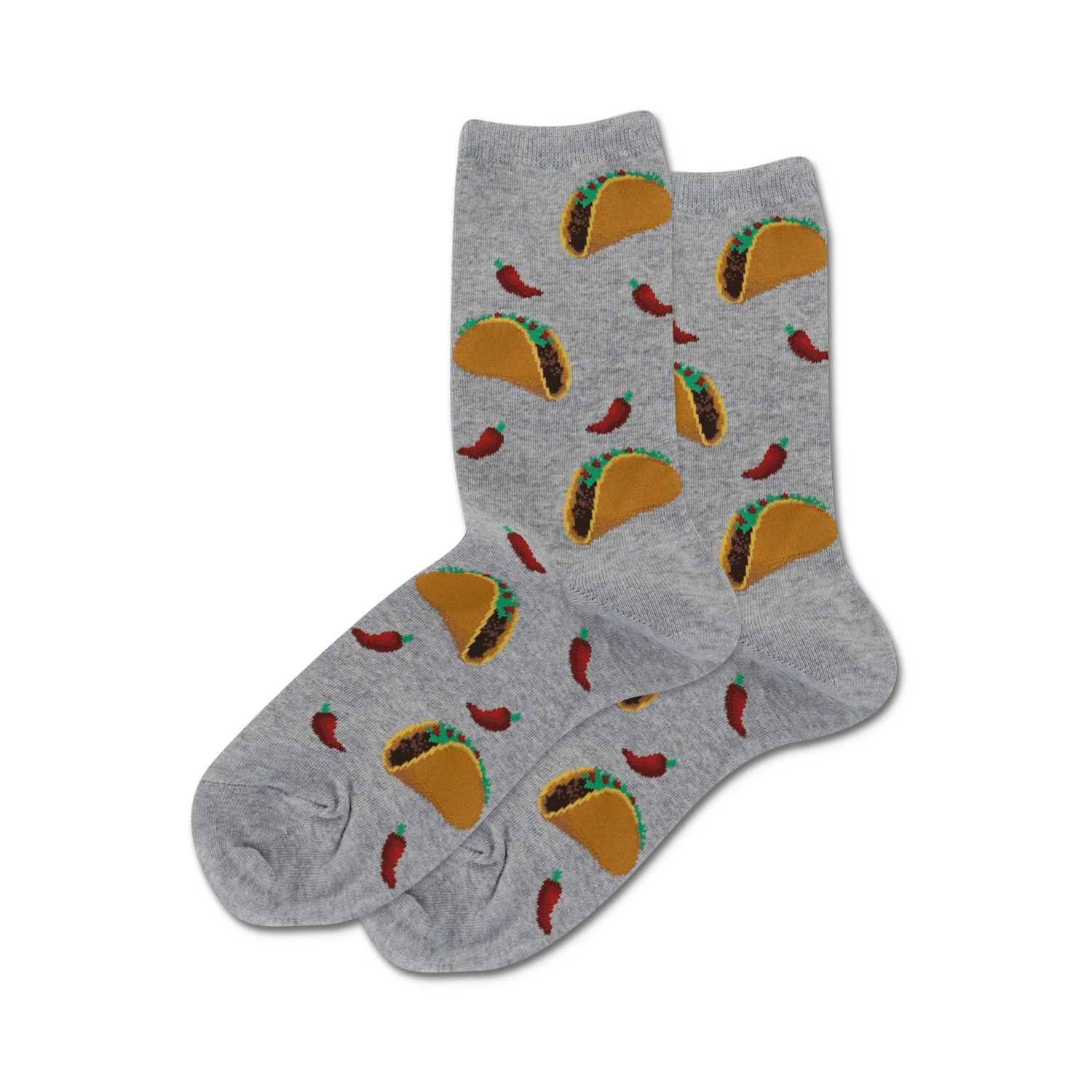 Pair of grey crew socks with a fun pattern of tacos and red chili peppers.