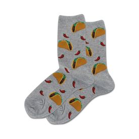 taco themed gray crew socks with pattern of hard-shelled tacos and red and green chili peppers.   