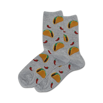 taco themed gray crew socks with pattern of hard-shelled tacos and red and green chili peppers.   