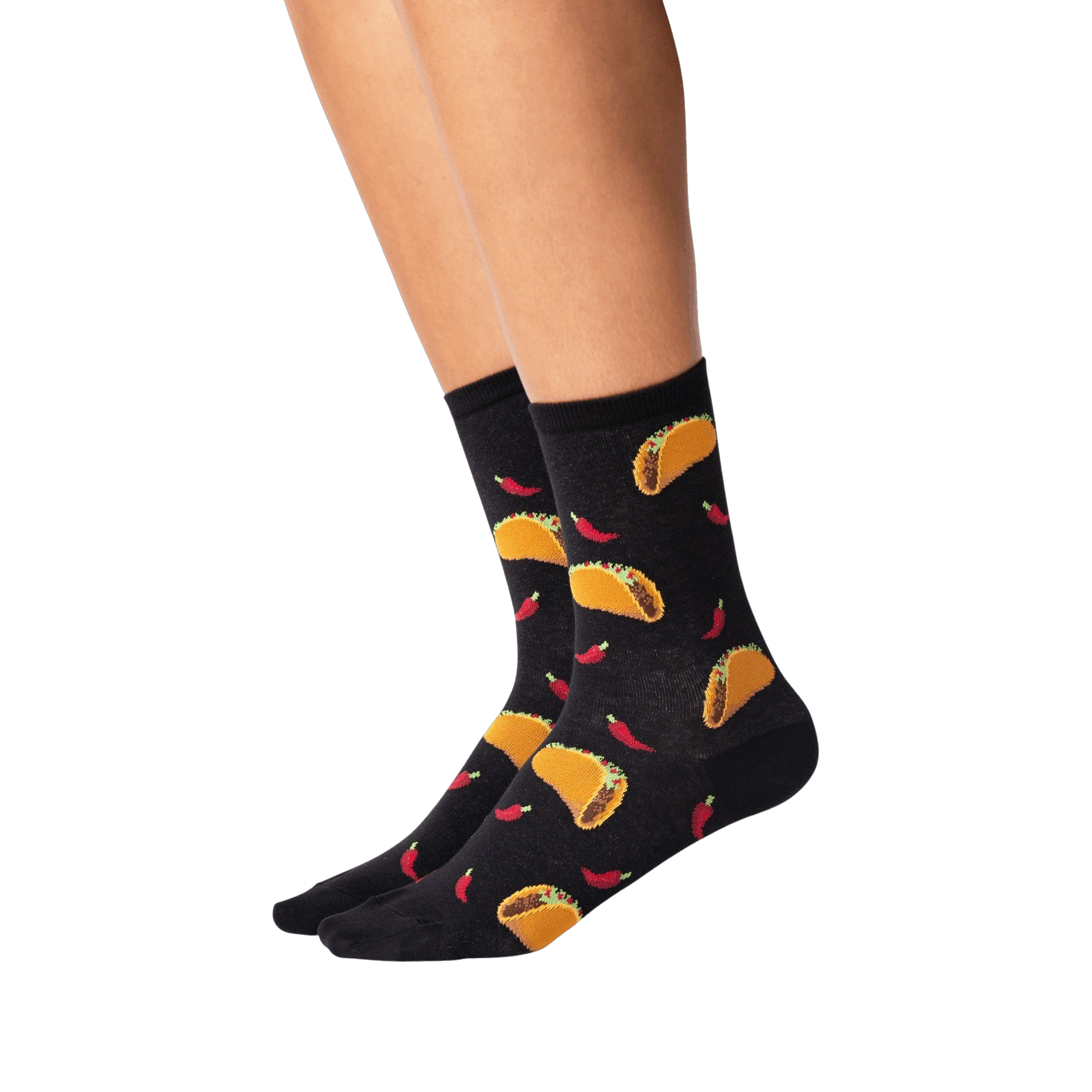 Lifestyle shot showing the socks on a person's legs. They're black with a taco and chili pepper pattern.