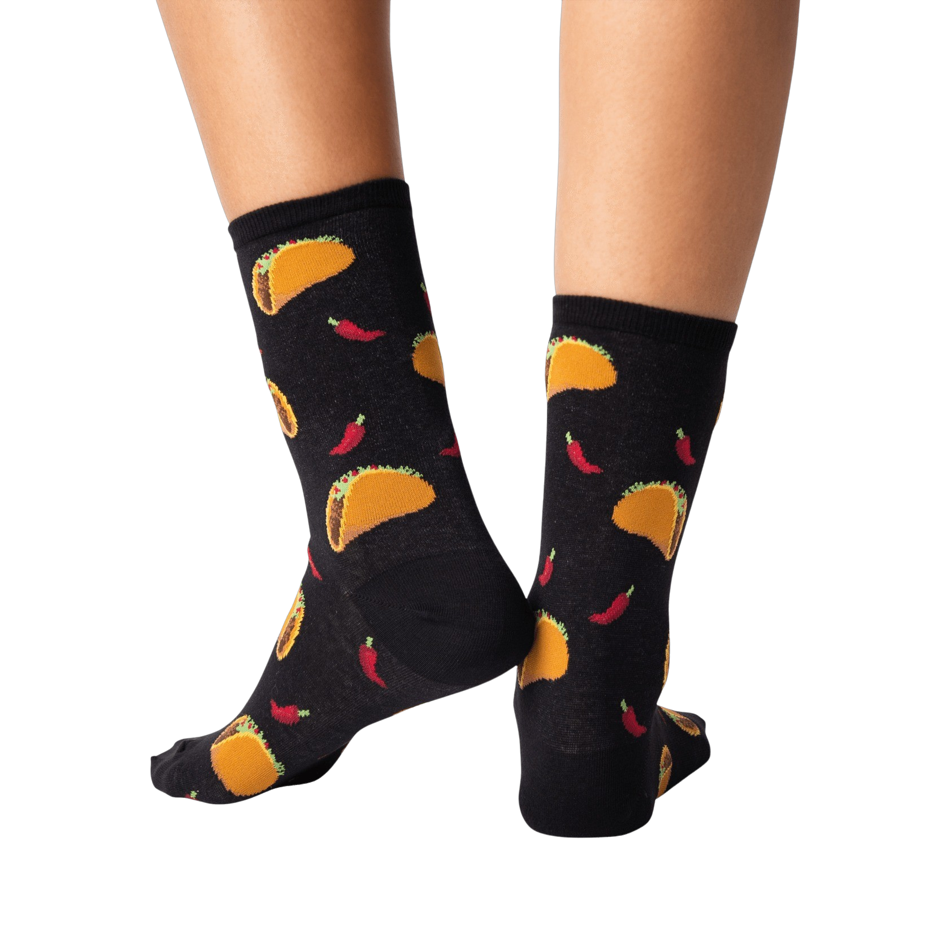 Back view of the same socks on a pair of legs against a black background. The socks' pattern is clearly visible.