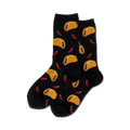 Pair of black crew socks with a fun pattern of tacos and red chili peppers.