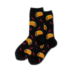 Pair of black crew socks with a fun pattern of tacos and red chili peppers.