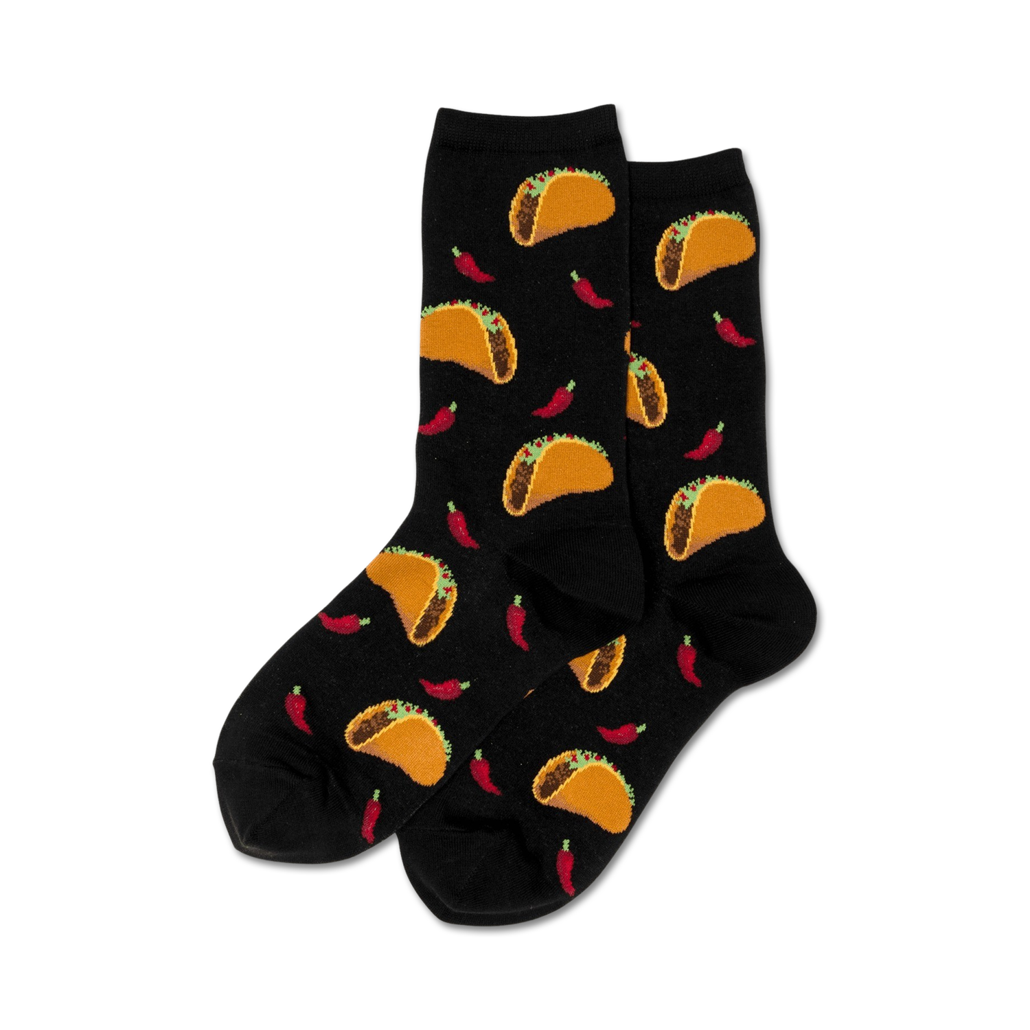 Pair of black crew socks with a fun pattern of tacos and red chili peppers.