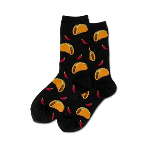 black crew socks with an all-over pattern of tacos and red chili peppers.   