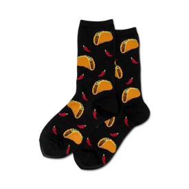 black crew socks with an all-over pattern of tacos and red chili peppers.   