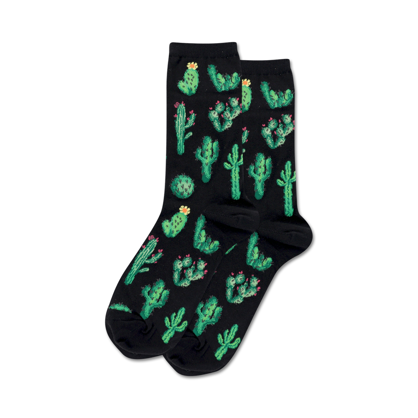 Pair of crew socks on black background.  Black socks feature a fun all-over print of green cacti with pink flowers.