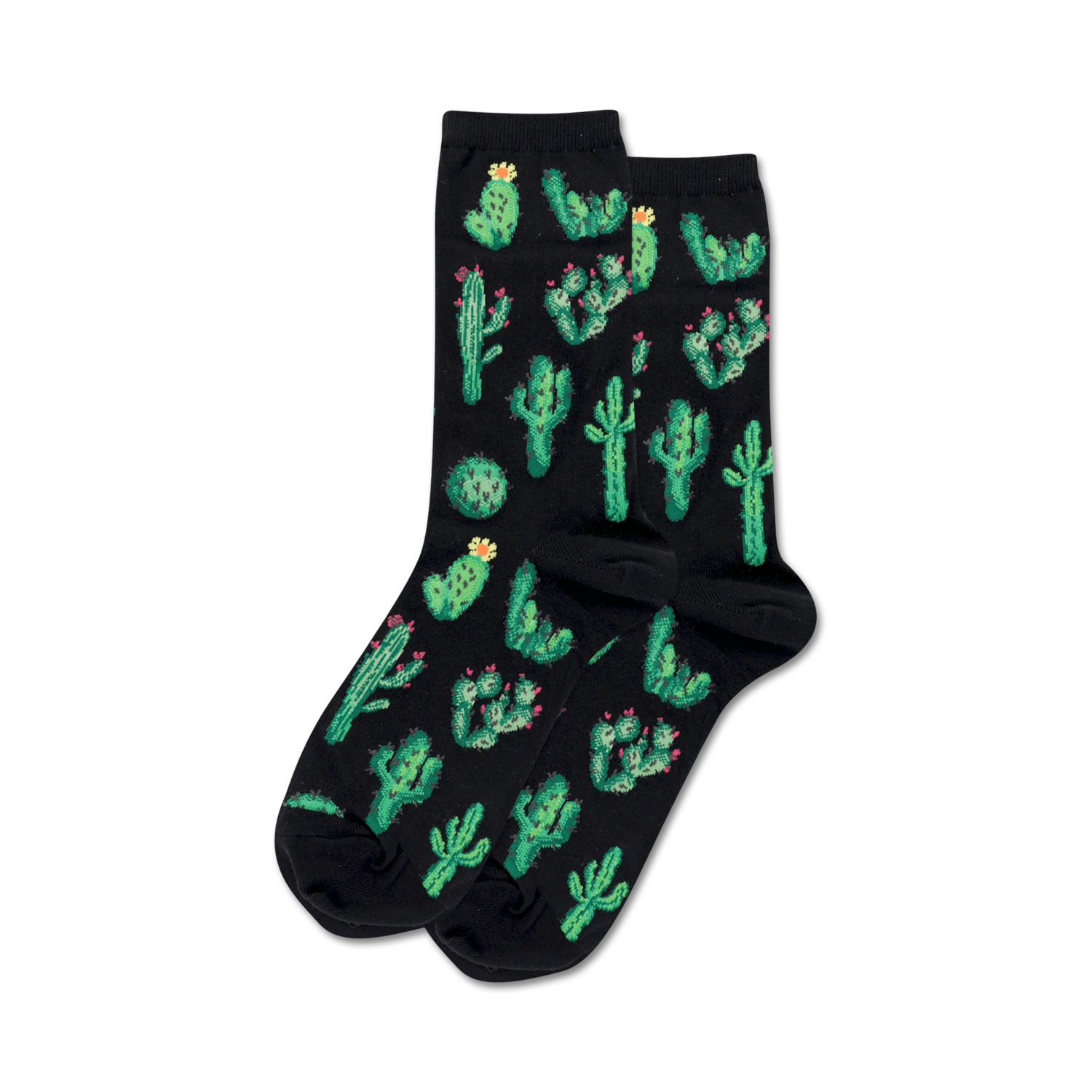 Pair of crew socks on black background.  Black socks feature a fun all-over print of green cacti with pink flowers.