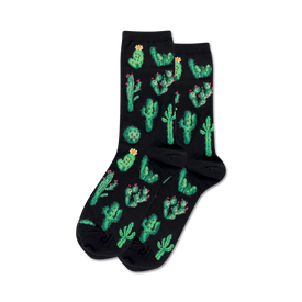 black crew socks with green cacti in pots and yellow or pink flowers.  