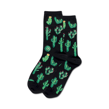 black crew socks with green cacti in pots and yellow or pink flowers.  