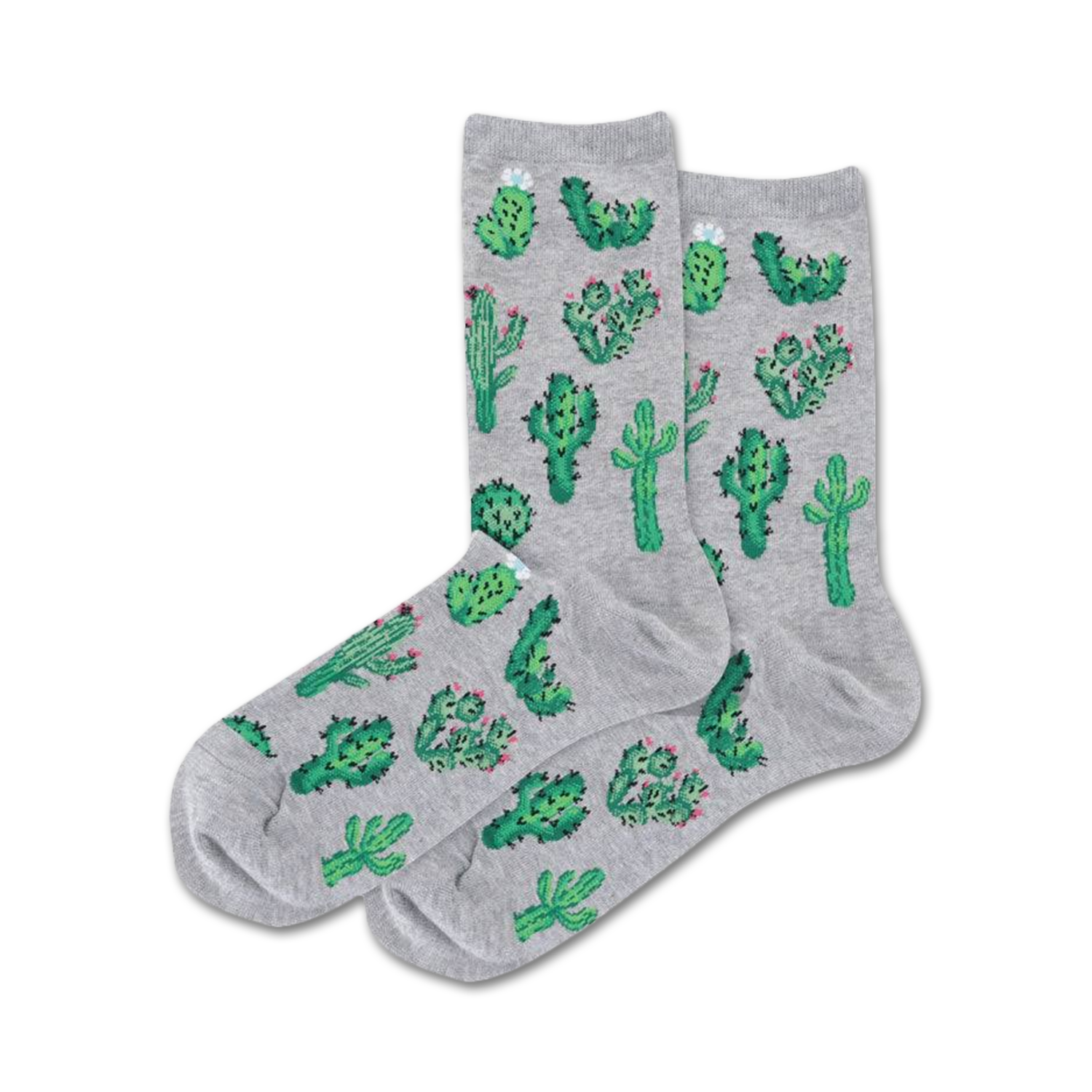 Lifestyle shot of a person's feet wearing grey cactus crew socks.