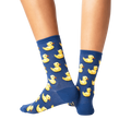 Close-up detail shot showcasing the yellow rubber duck design on the blue socks.