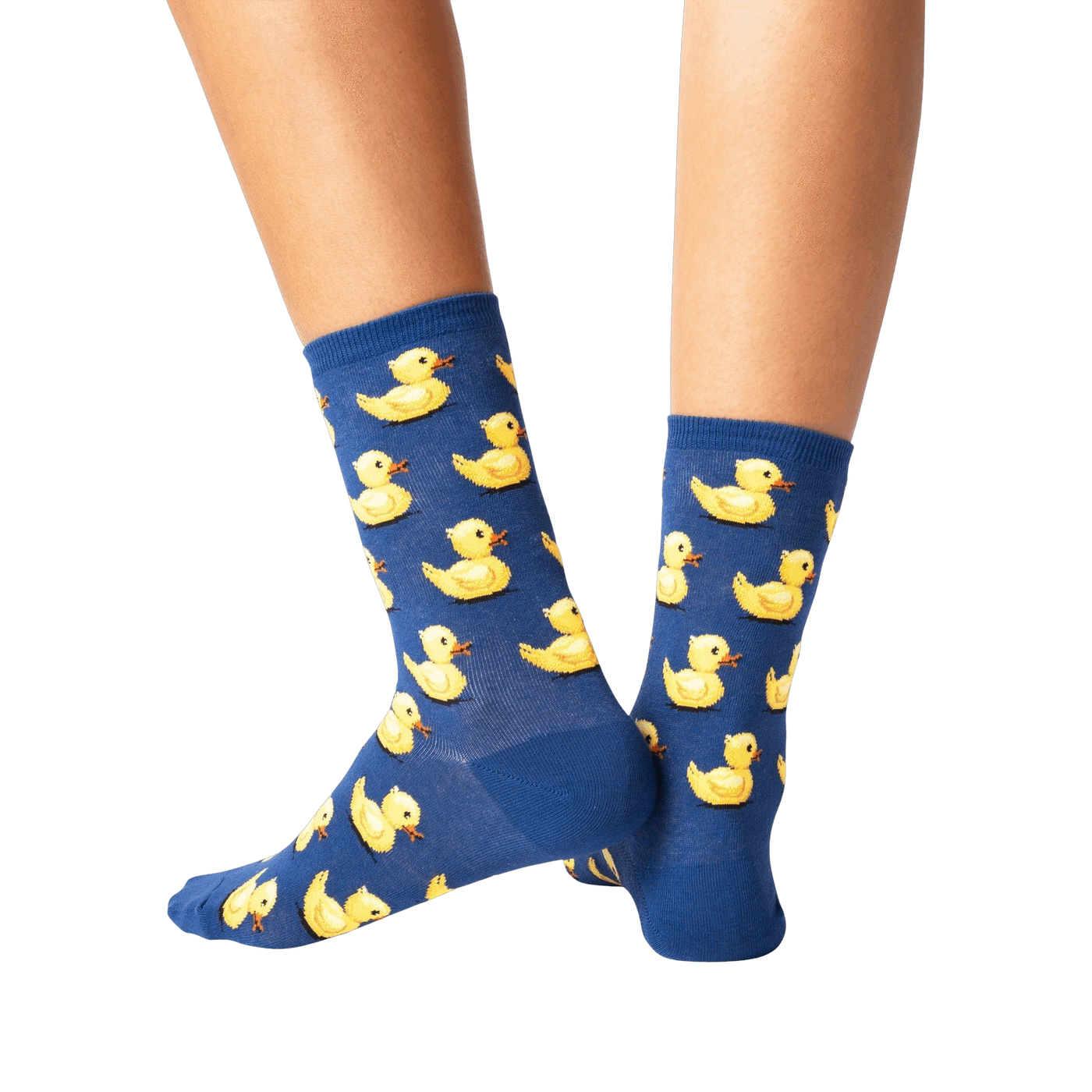Close-up detail shot showcasing the yellow rubber duck design on the blue socks.