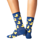 Close-up detail shot showcasing the yellow rubber duck design on the blue socks.