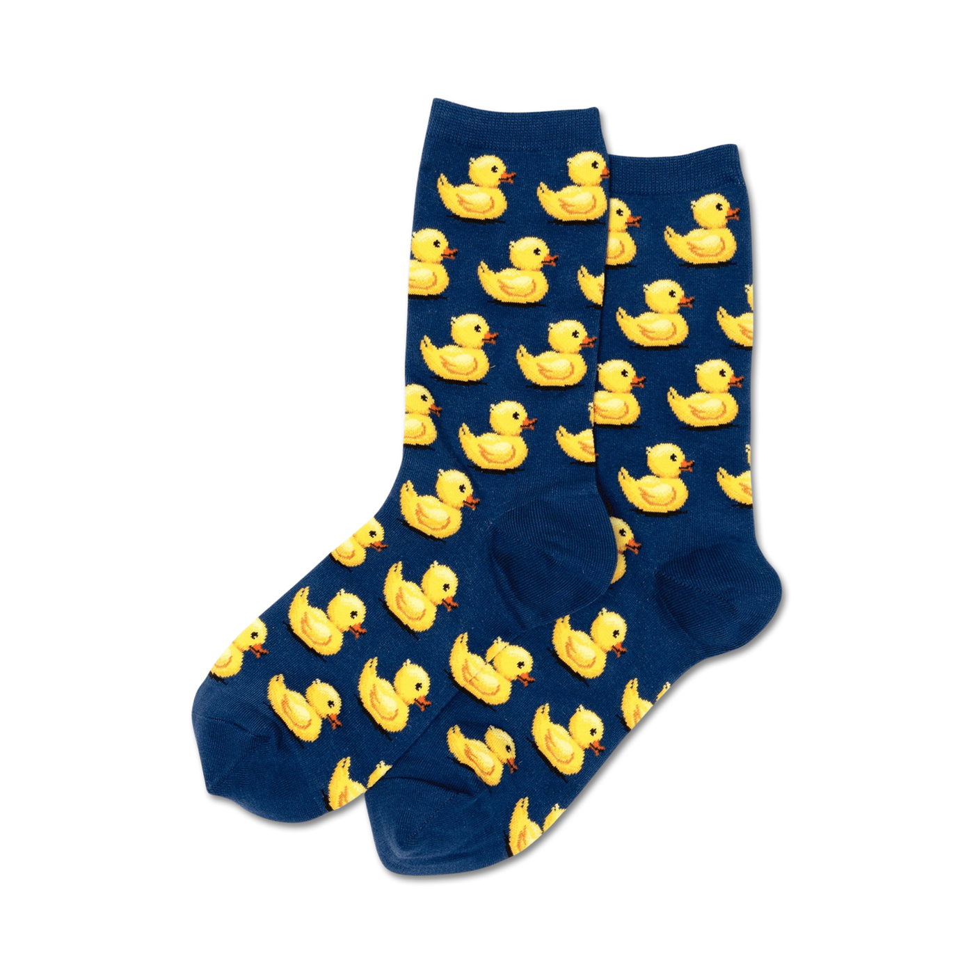 Pair of crew socks in navy blue and pink, featuring a repeating pattern of yellow rubber ducks.