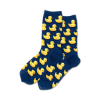 Pair of crew socks in navy blue and pink, featuring a repeating pattern of yellow rubber ducks.