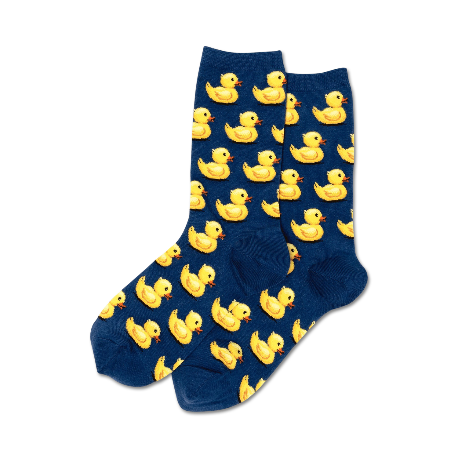 Pair of crew socks in navy blue and pink, featuring a repeating pattern of yellow rubber ducks.