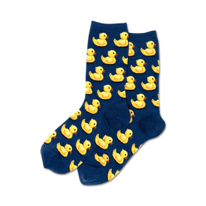 blue crew socks with yellow rubber duck pattern. women's size.  