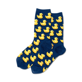 blue crew socks with yellow rubber duck pattern. women's size.  
