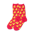 Lifestyle shot showing the blue rubber duck socks on a person's legs.