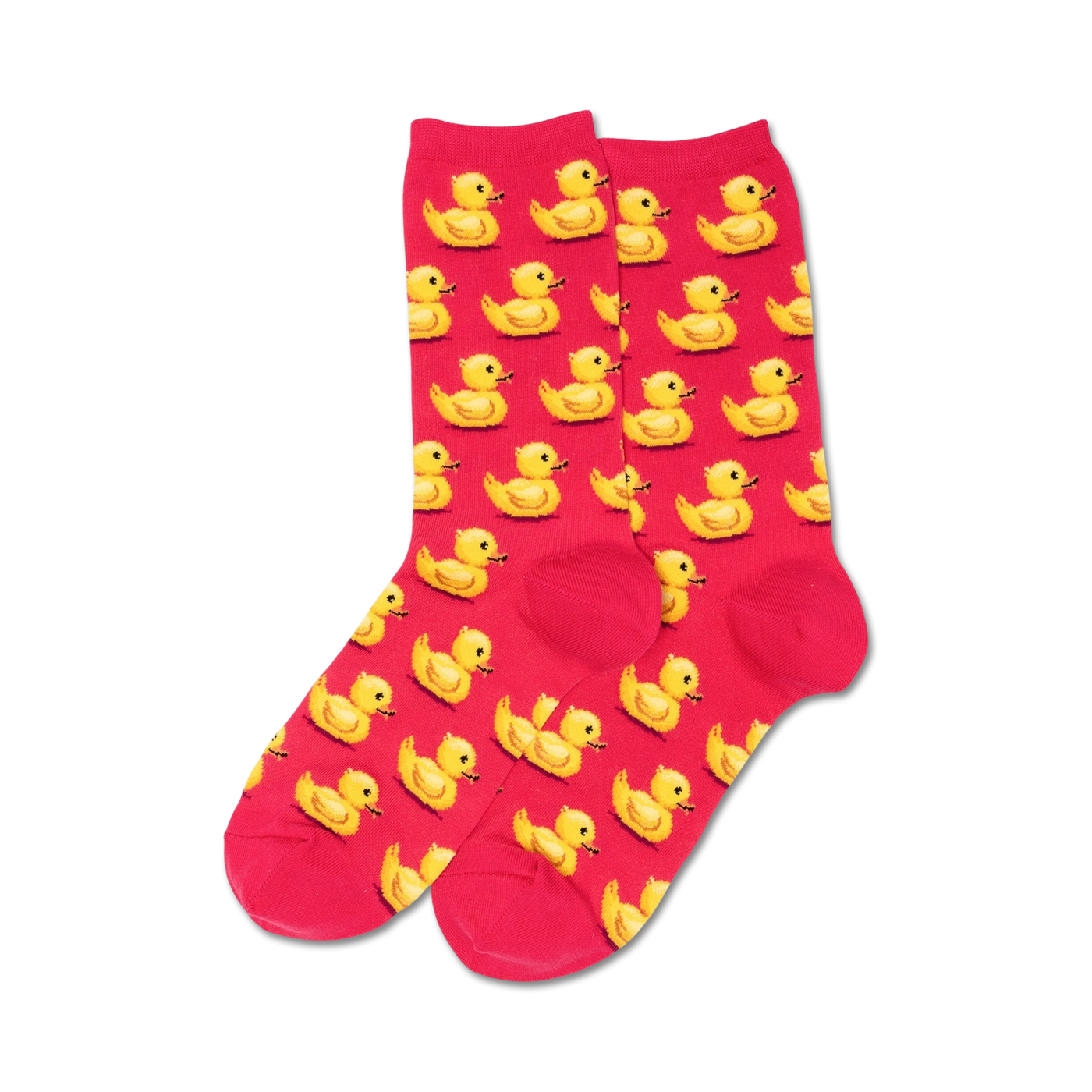 Lifestyle shot showing the blue rubber duck socks on a person's legs.